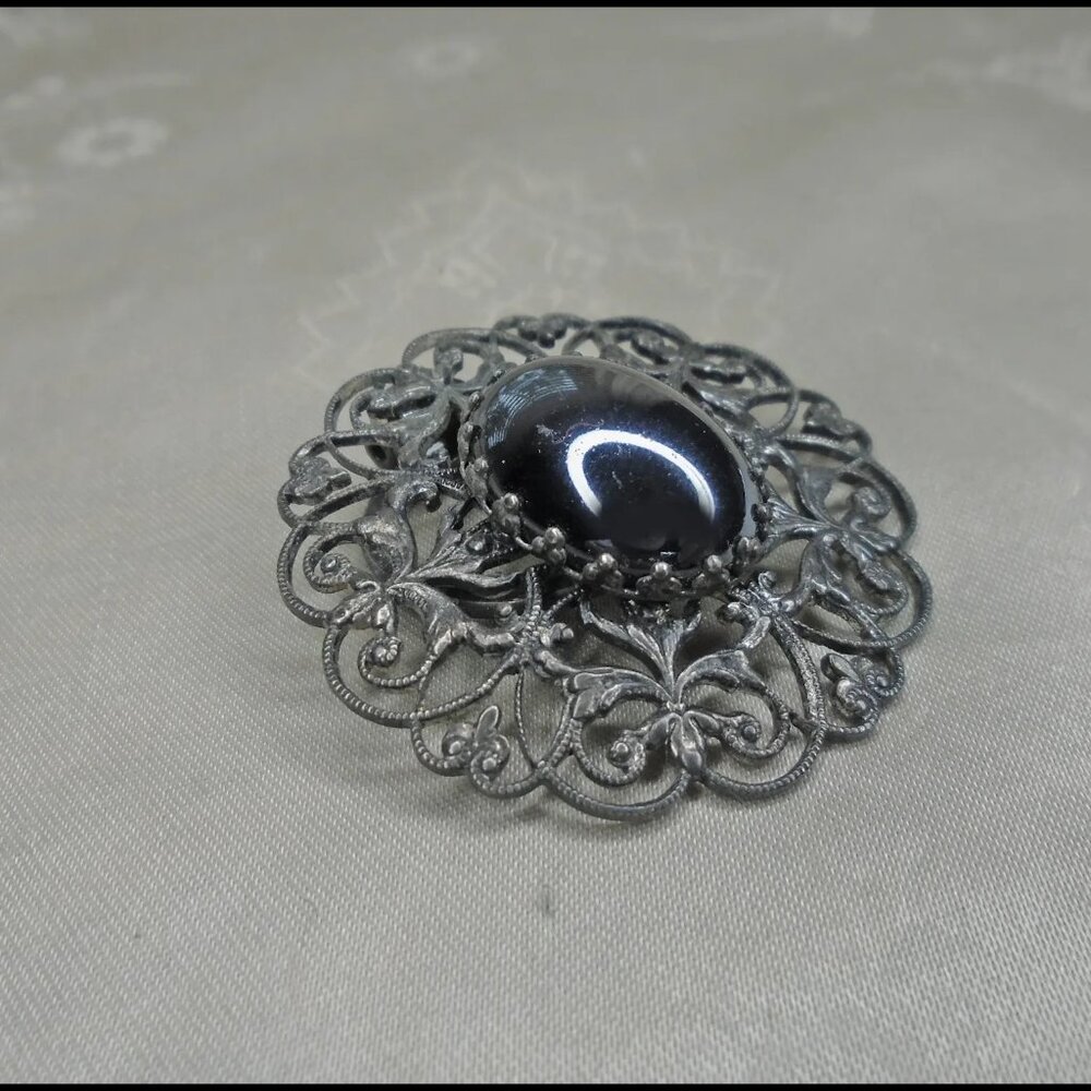 Vintage Scarf Clip Dark Silvertone Filigree Dress Clip Hat Clip - Picture 6 of 10